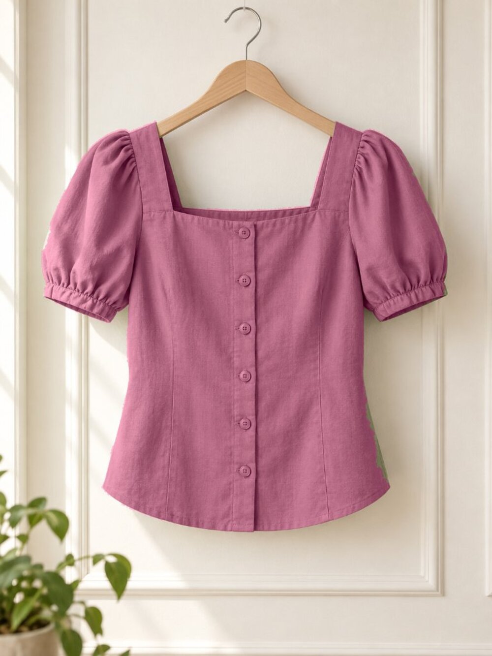 Women's Muted Berry Pink Square Neck Puff Sleeve Button Front Blouse